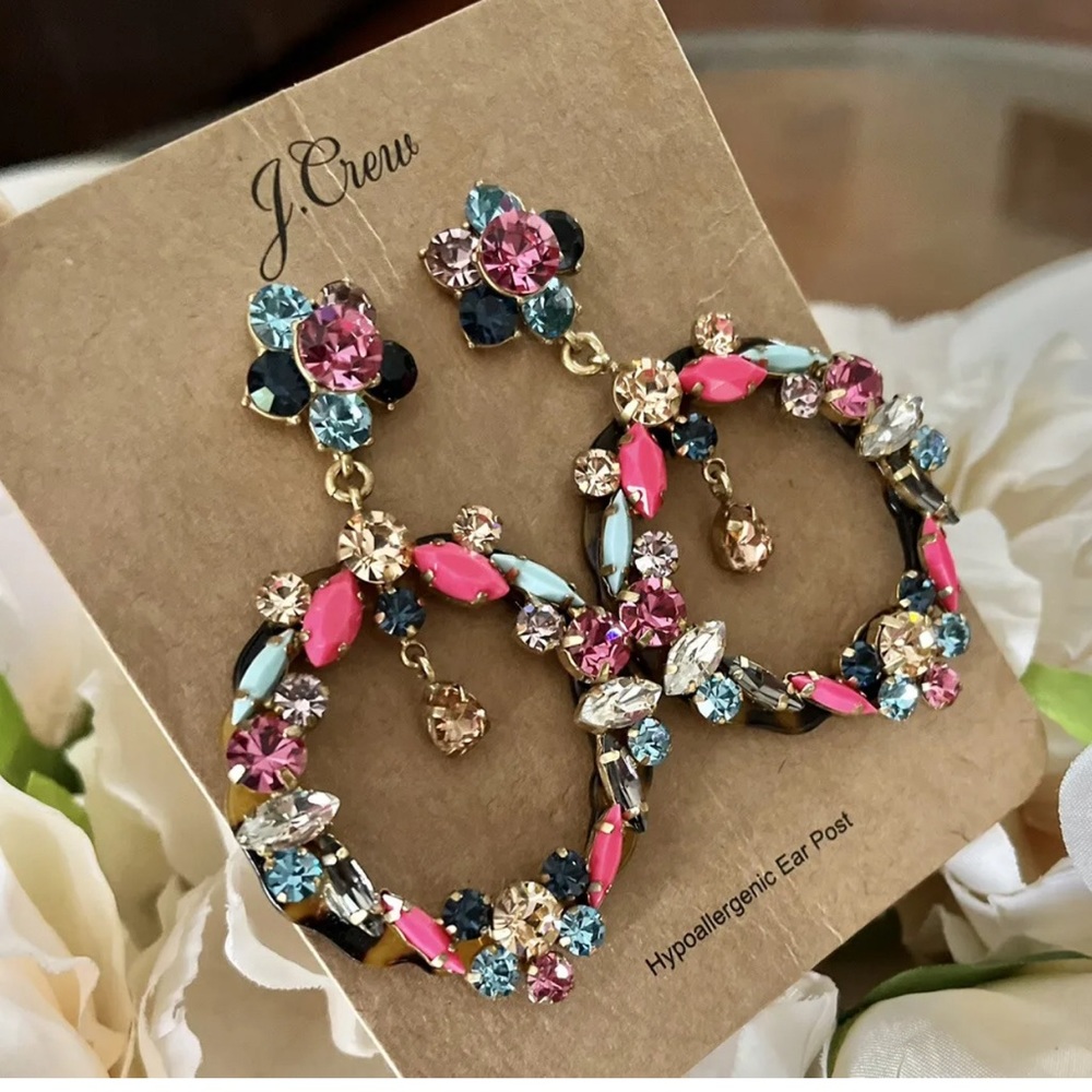 J Crew Tortoise Crystal Drop Hoop Wreath Jeweled Earrings Pink Multicolor
